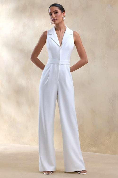 Brillora White Plunge Neck Tailored Jumpsuit