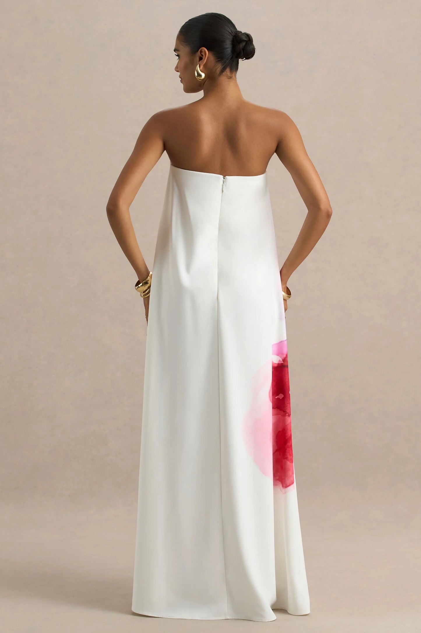 Breonna Bright Pink Floral Placement Print Bandeau Maxi Dress