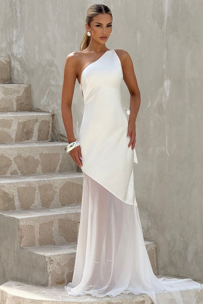 One Shoulder Sleeveless Backless Slim Mesh Tie Maxi Dress