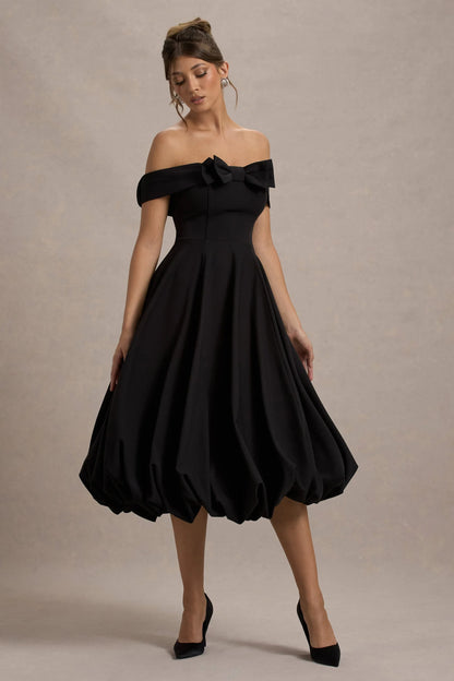 Calliopia Black Bow Bardot Midi Dress With Puff Ball Skirt