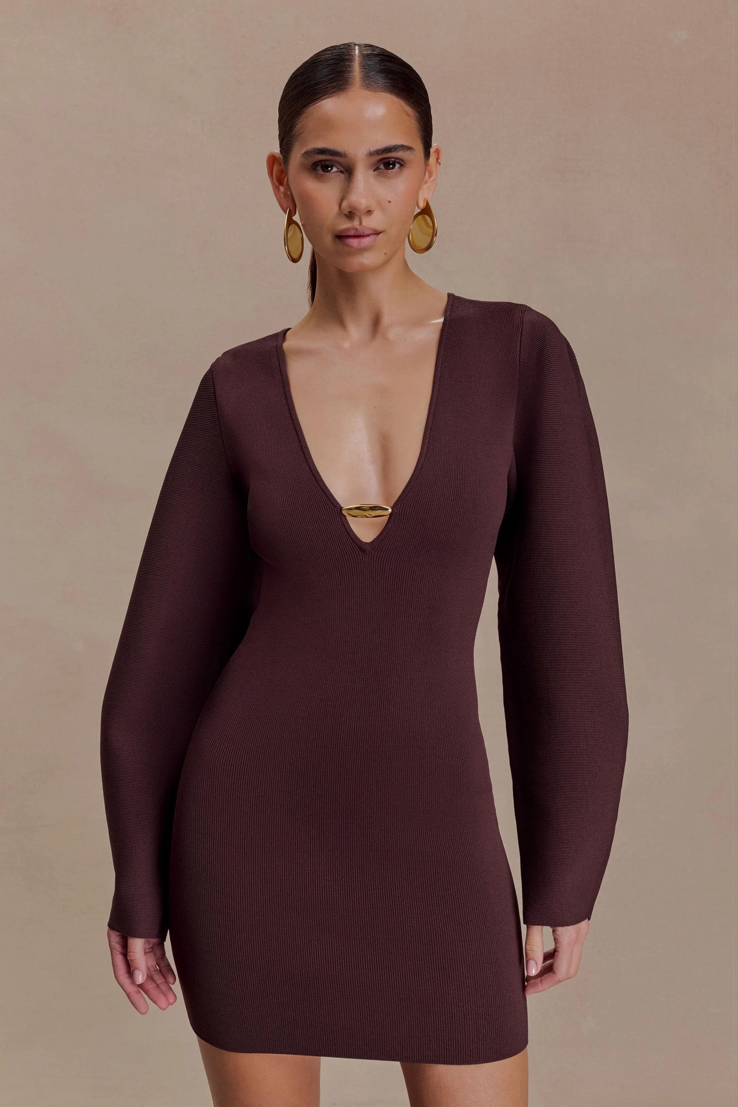 Billy Balloon Sleeve Knit Mini Dress Dark Chocolate