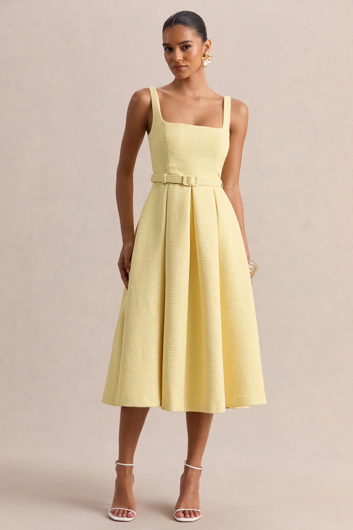 Camoria Lemon Boucle Square Neck Midi Dress