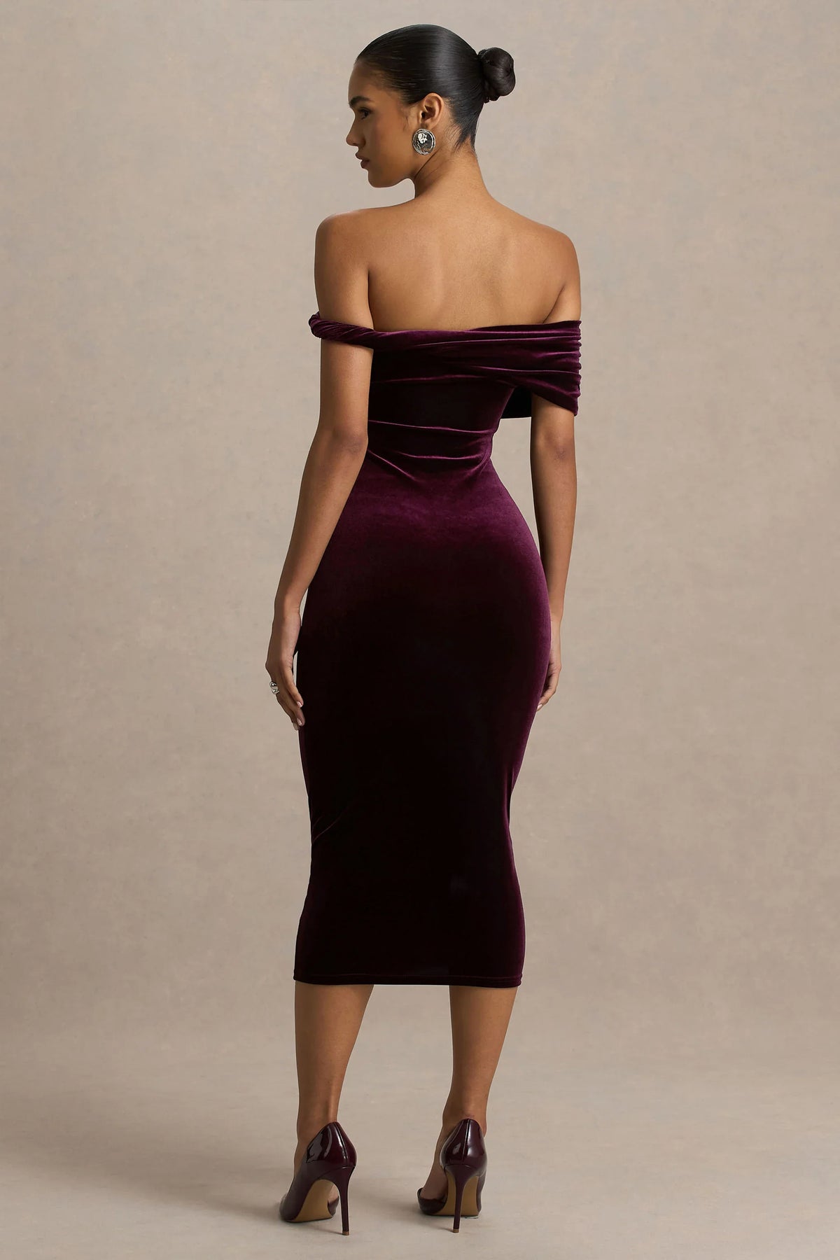 Billie Burgundy Velvet Bardot Neck Midi Dress With Twist Sleeve