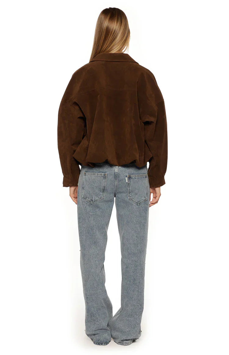 Brookie Brown Suedette Cuff Sleeve Bomber Jacket