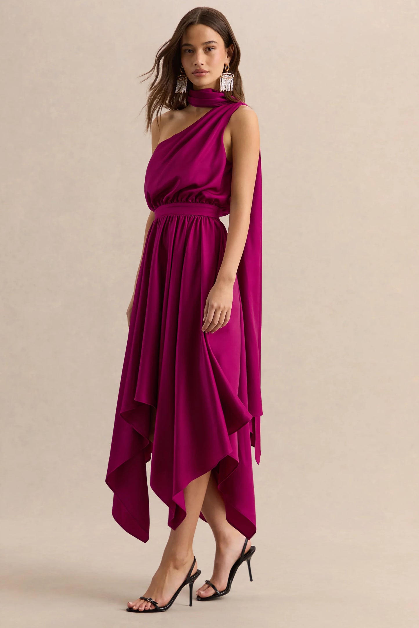 Caluna Hot Pink Satin Asymmetric Neck Midi Dress With Scarf Detail