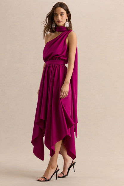 Caluna Hot Pink Satin Asymmetric Neck Midi Dress With Scarf Detail