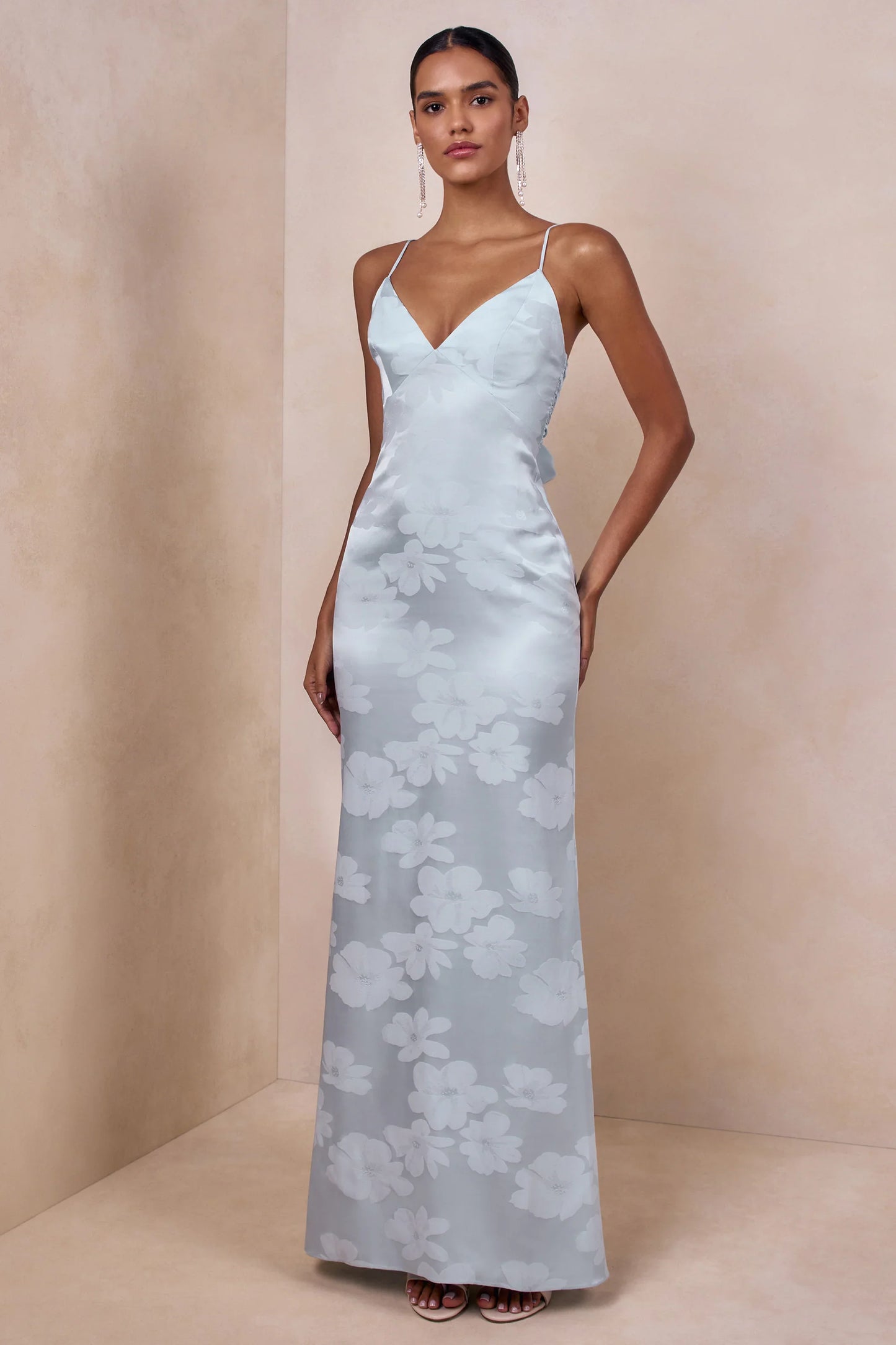 Carelle Powder Blue Satin Plunge Neck Maxi Dress With Asymmetric Drop Waist