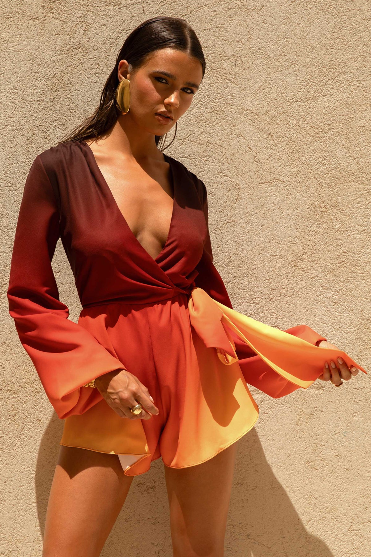 Boss Ombre Playsuit with Plunge Neckline and Bow Detail