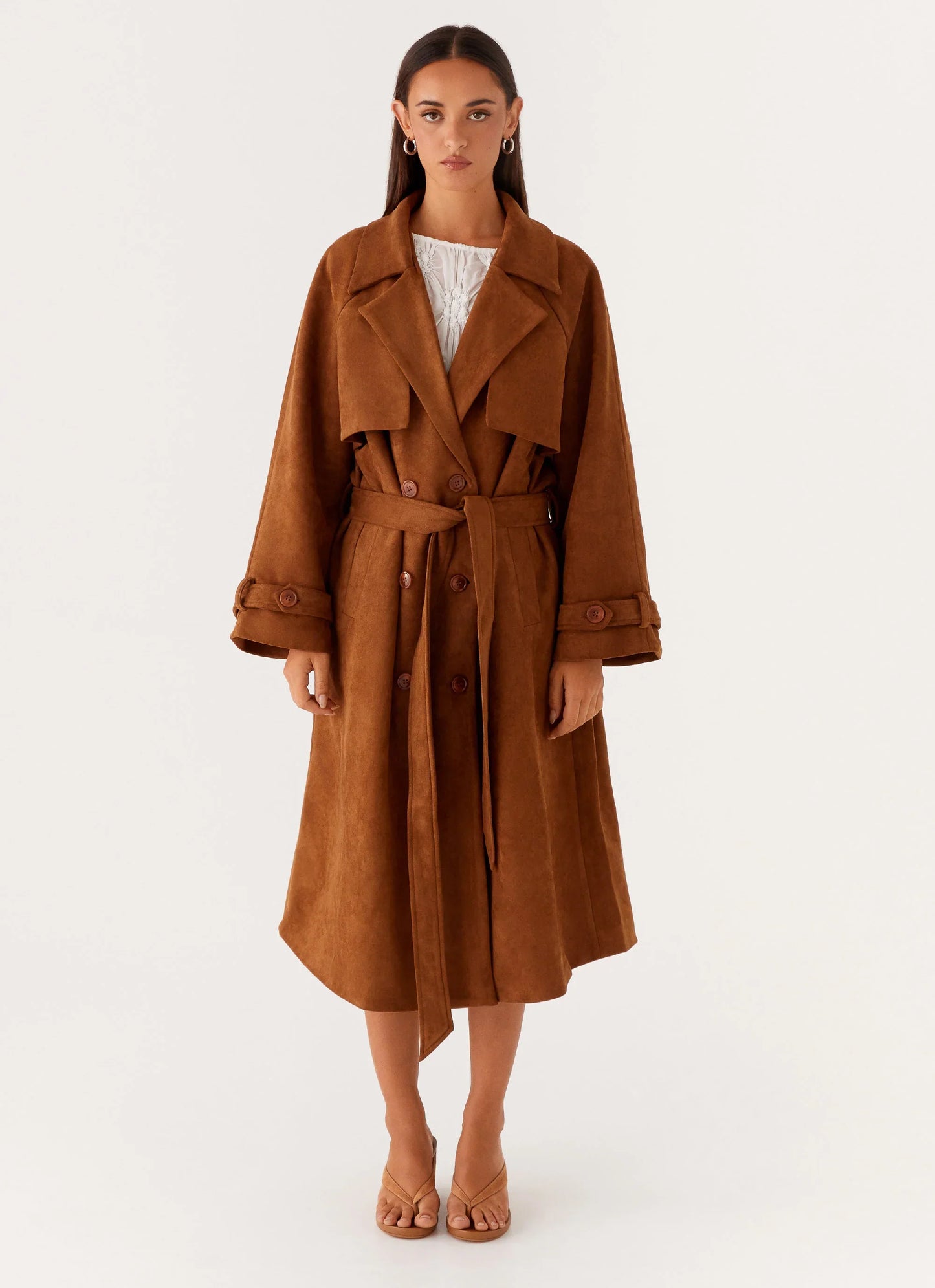 Bridie Faux Suede Trench Coat Brown