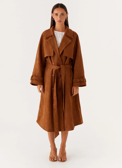 Bridie Faux Suede Trench Coat Brown