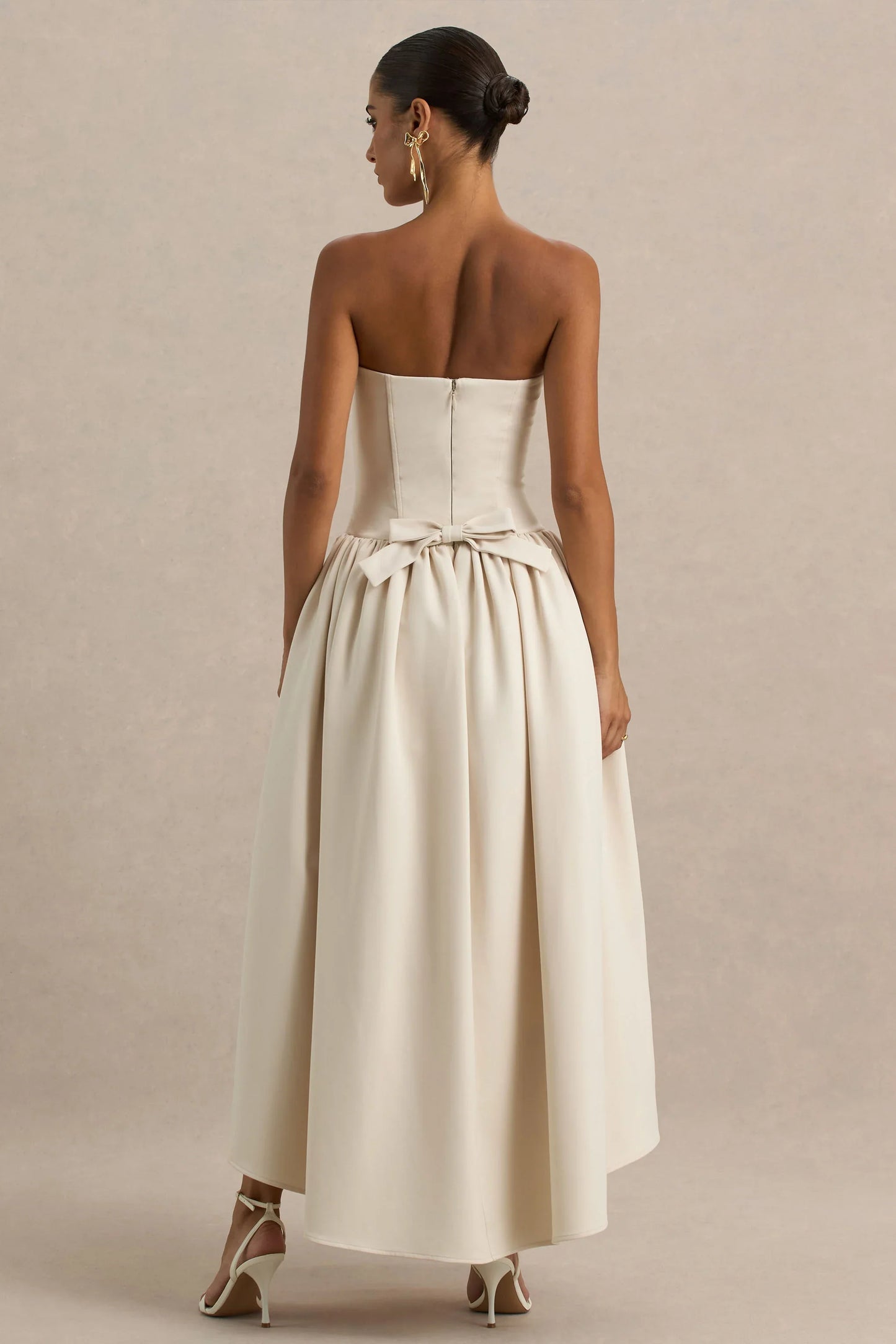 Candice Cream Bandeau Volume Midi Dress With Back Bow Detail