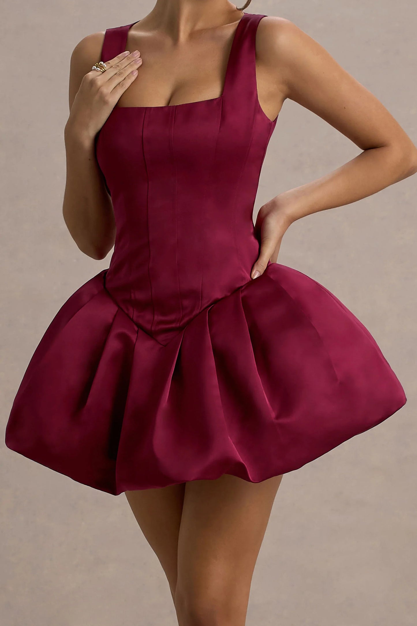 Bramble Port Satin Square Neck Puffball Mini Dress