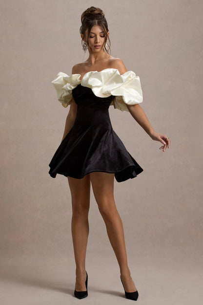 Brynne Black Cream Velvet Mini Dress With Satin Puff Sleeves