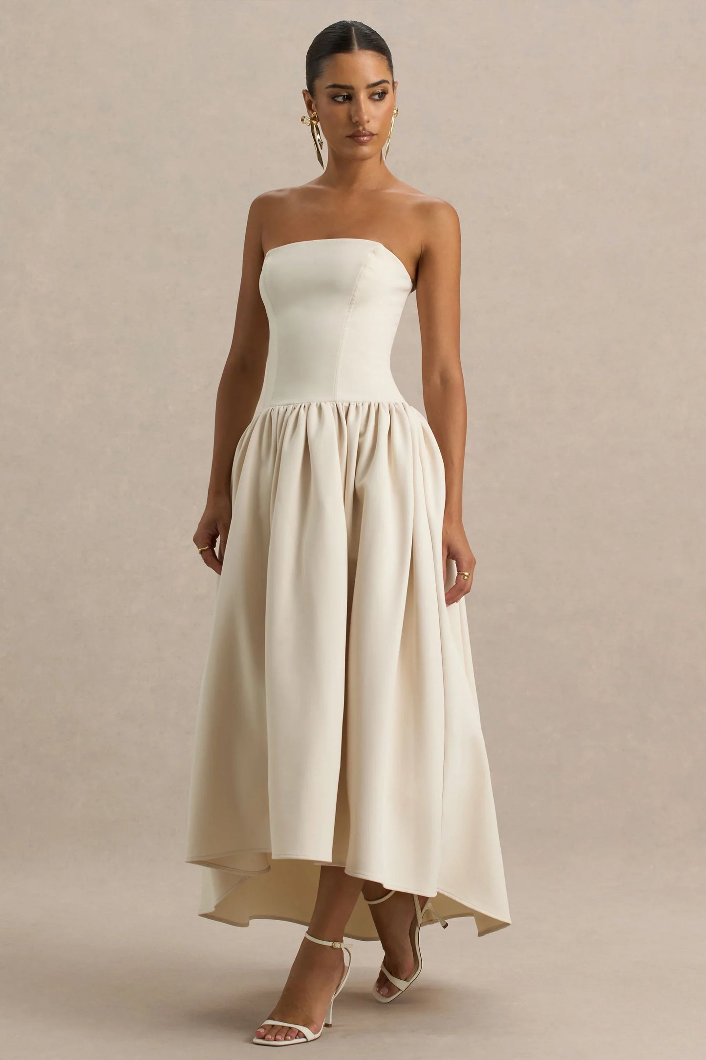 Candice Cream Bandeau Volume Midi Dress With Back Bow Detail