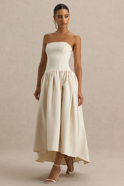 Candice Cream Bandeau Volume Midi Dress With Back Bow Detail