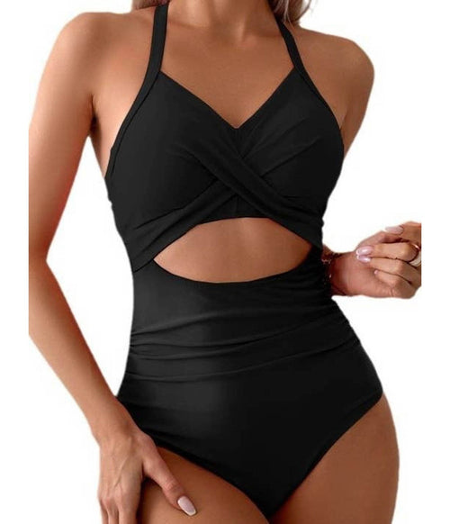 Black Halter Cutout One Piece Swimsuit