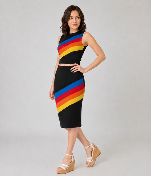 Black Rainbow Stripe Top & Skirt Set