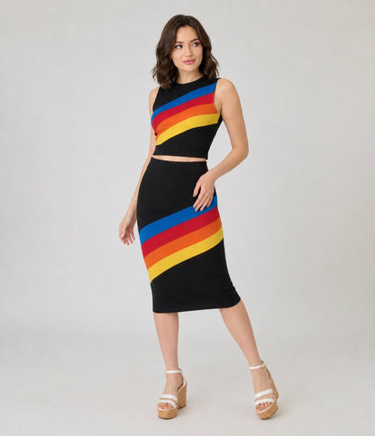 Black Rainbow Stripe Top & Skirt Set