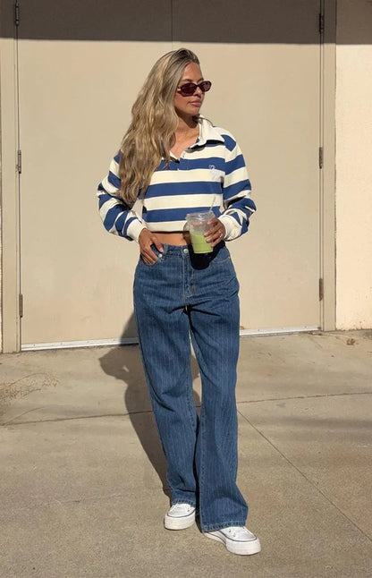 Calliope Pinstripe Mid Wash Mid Rise Slouchy Jeans