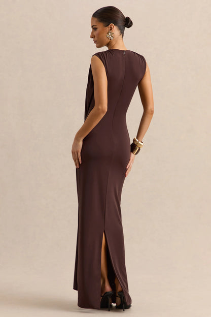Blythia Brown Round Neck Maxi Dress With Gathered Detailing