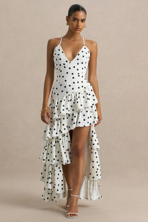 Bogota Polka Dot Plunge Neck Maxi Dress With Ruffling Details And Front High Split