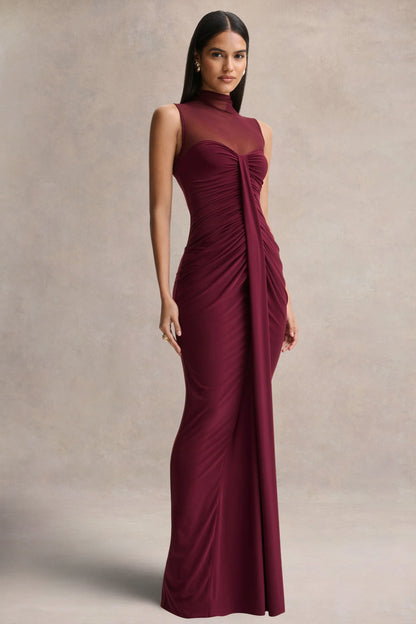 Brialle Burgundy High Neck Maxi Dress With Mesh And Gathered Detailing