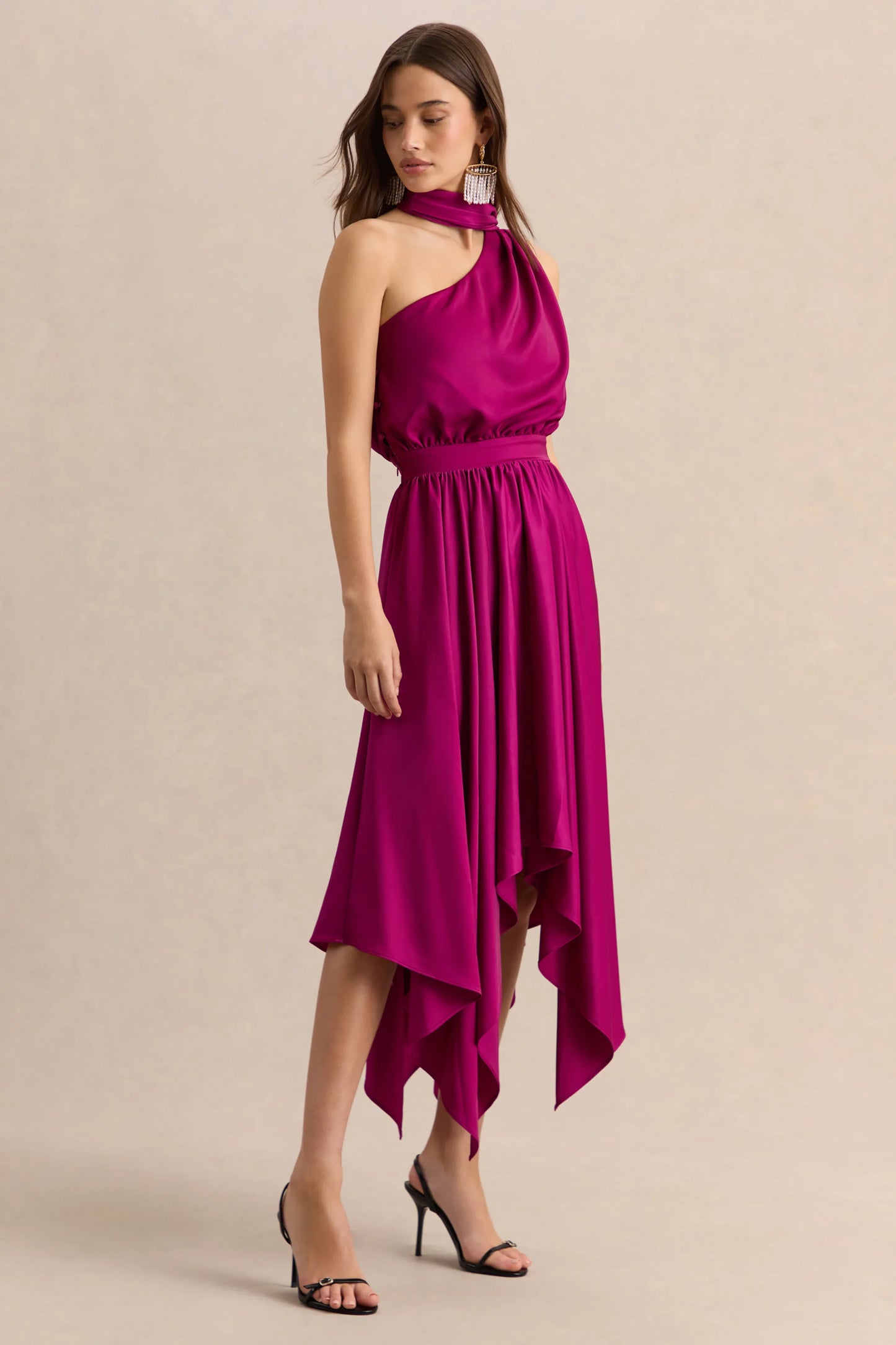 Caluna Hot Pink Satin Asymmetric Neck Midi Dress With Scarf Detail