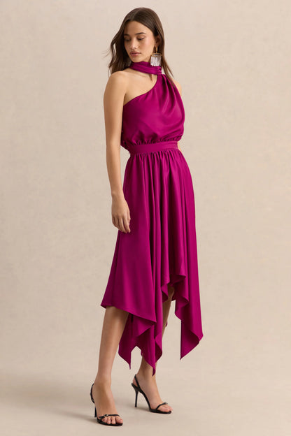 Caluna Hot Pink Satin Asymmetric Neck Midi Dress With Scarf Detail