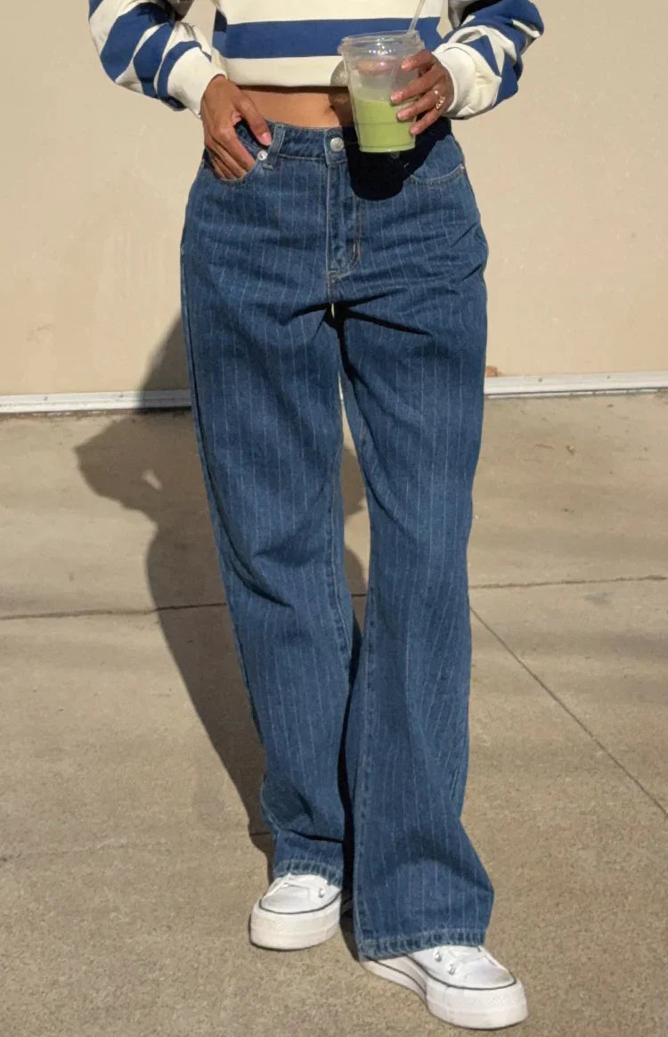 Calliope Pinstripe Mid Wash Mid Rise Slouchy Jeans