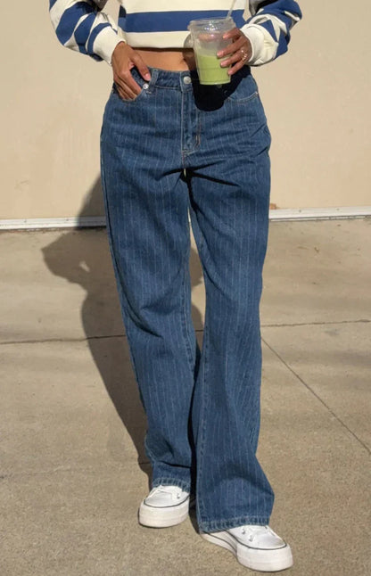Calliope Pinstripe Mid Wash Mid Rise Slouchy Jeans