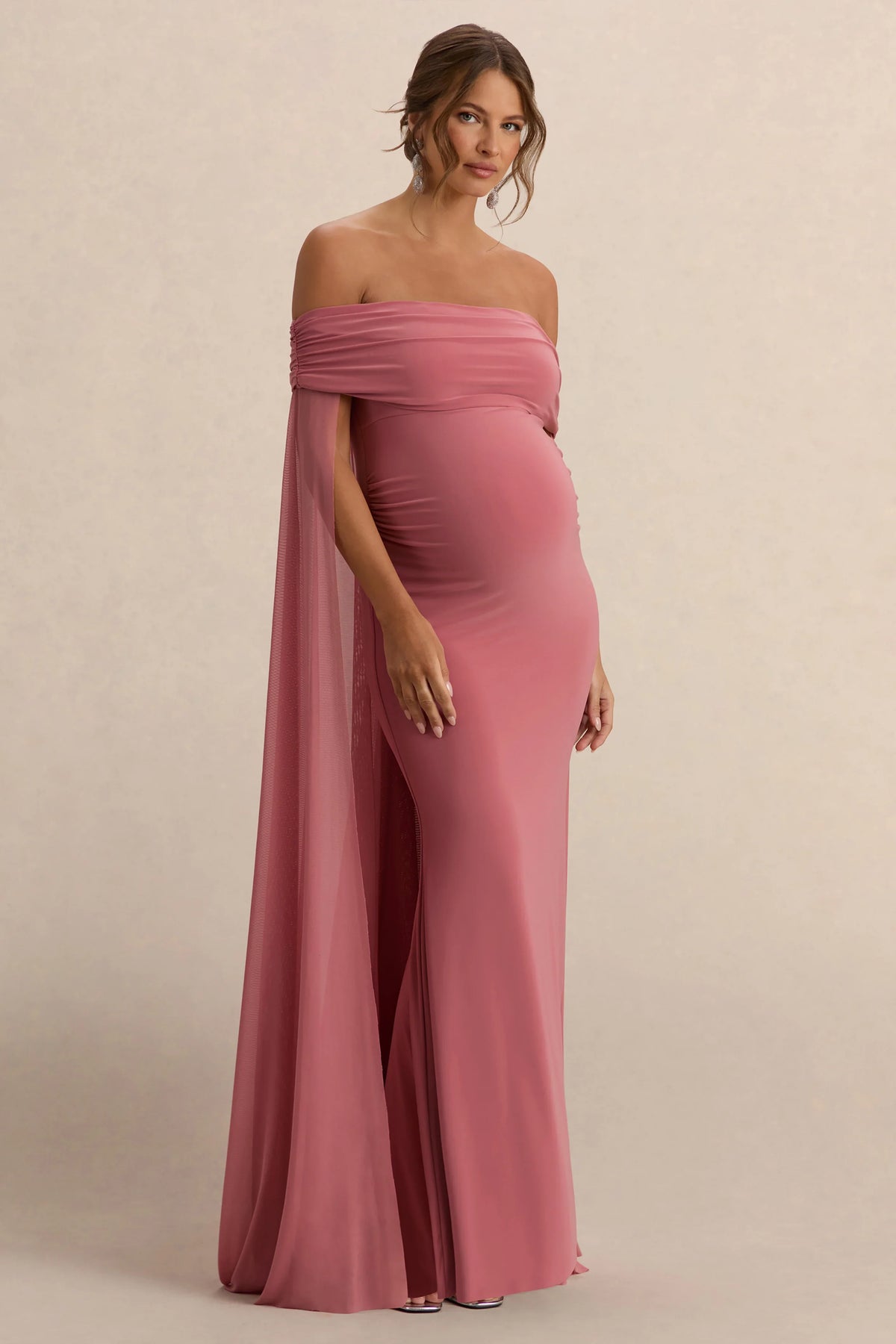Carlotta Blush Pink Bardot Maternity Maxi Dress With Chiffon Cape