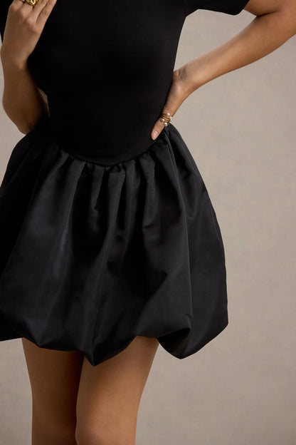 Blake Black Short Sleeve Mini Dress With Satin Puffball Skirt