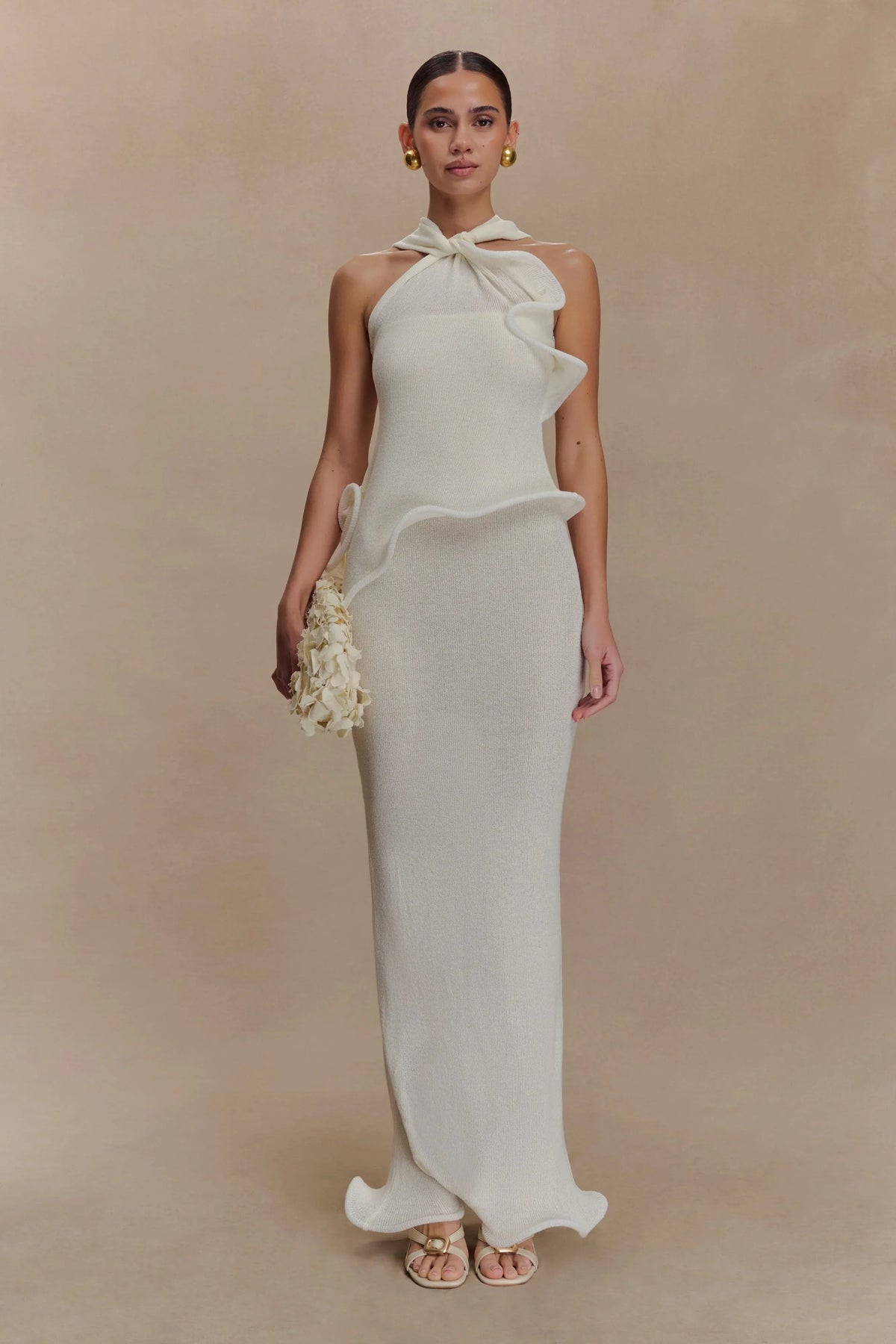 Caprice Halter Knit Maxi Dress White