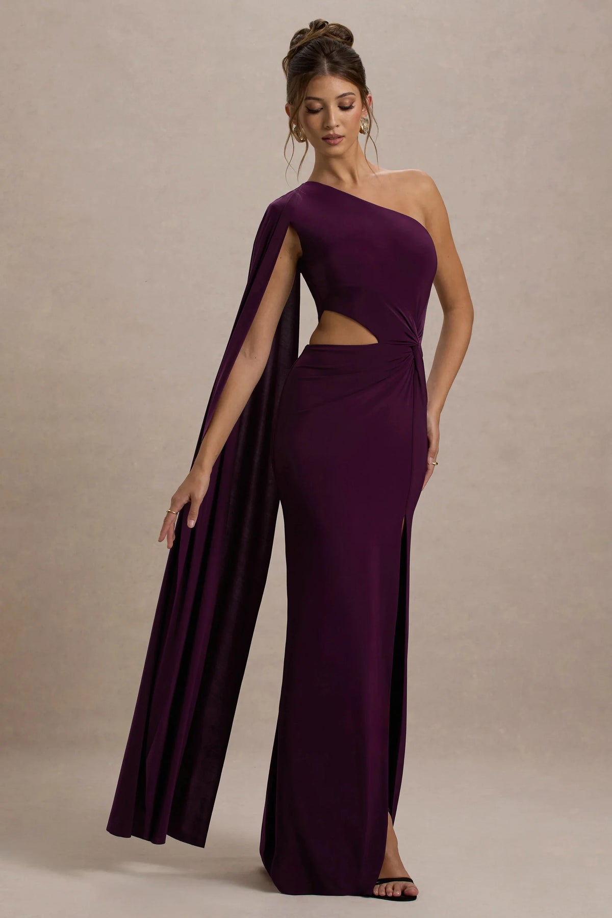 Brona Plum One Shoulder Cape Sleeve Split Maxi Dress