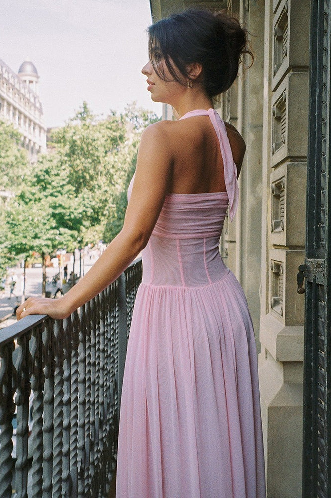 Solid Halter V Neck Boning Waist Mesh Maxi Dress