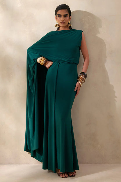 Carenza Dark Green Wide Neck Maxi Dress With Cape Sleeve