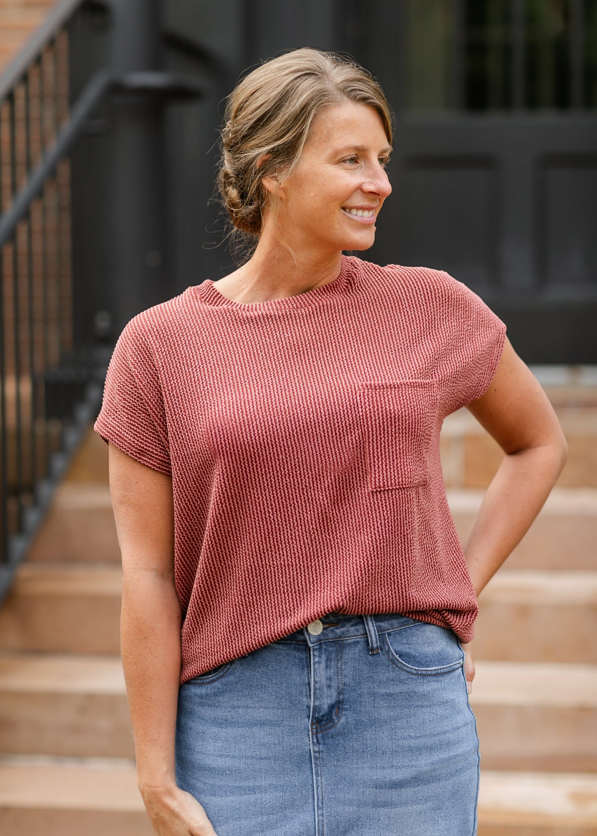 Cori Ribbed Short Sleeve Front Pocket Top - FINAL SALE