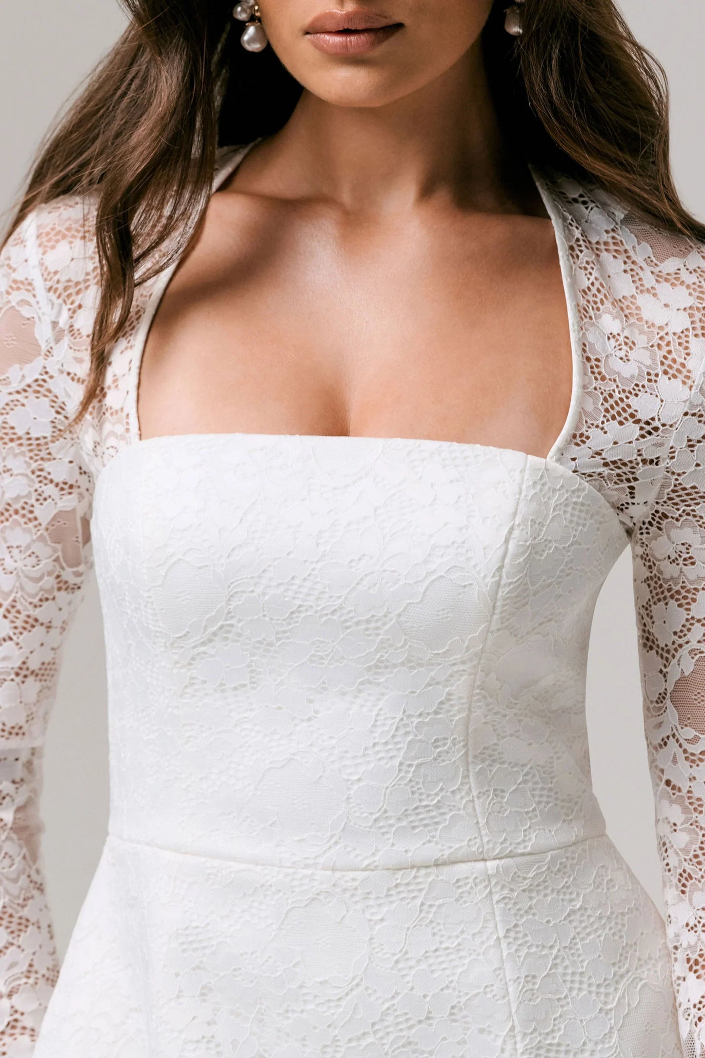 Bijou White Square Neck Lace Long Sleeve Mini Dress
