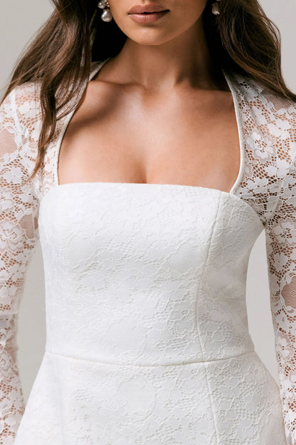 Bijou White Square Neck Lace Long Sleeve Mini Dress