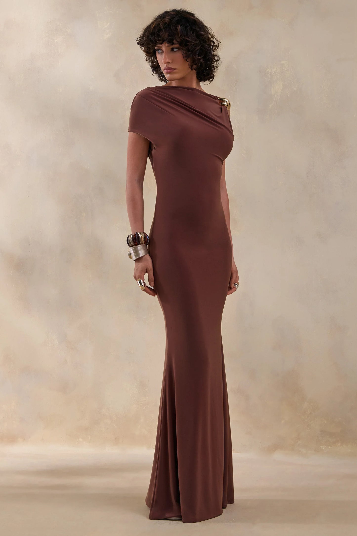 Blaire Brown Asymmetric Neck Maxi Dress With Gold Detailing