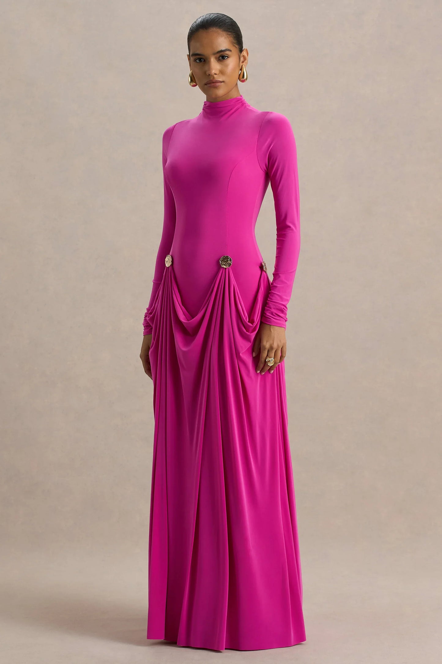 Caprice Hot Pink High Neck Maxi Dress With Embellished Details