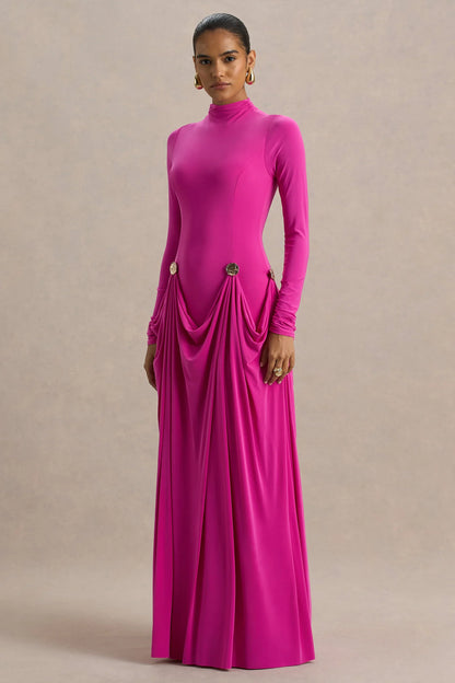 Caprice Hot Pink High Neck Maxi Dress With Embellished Details
