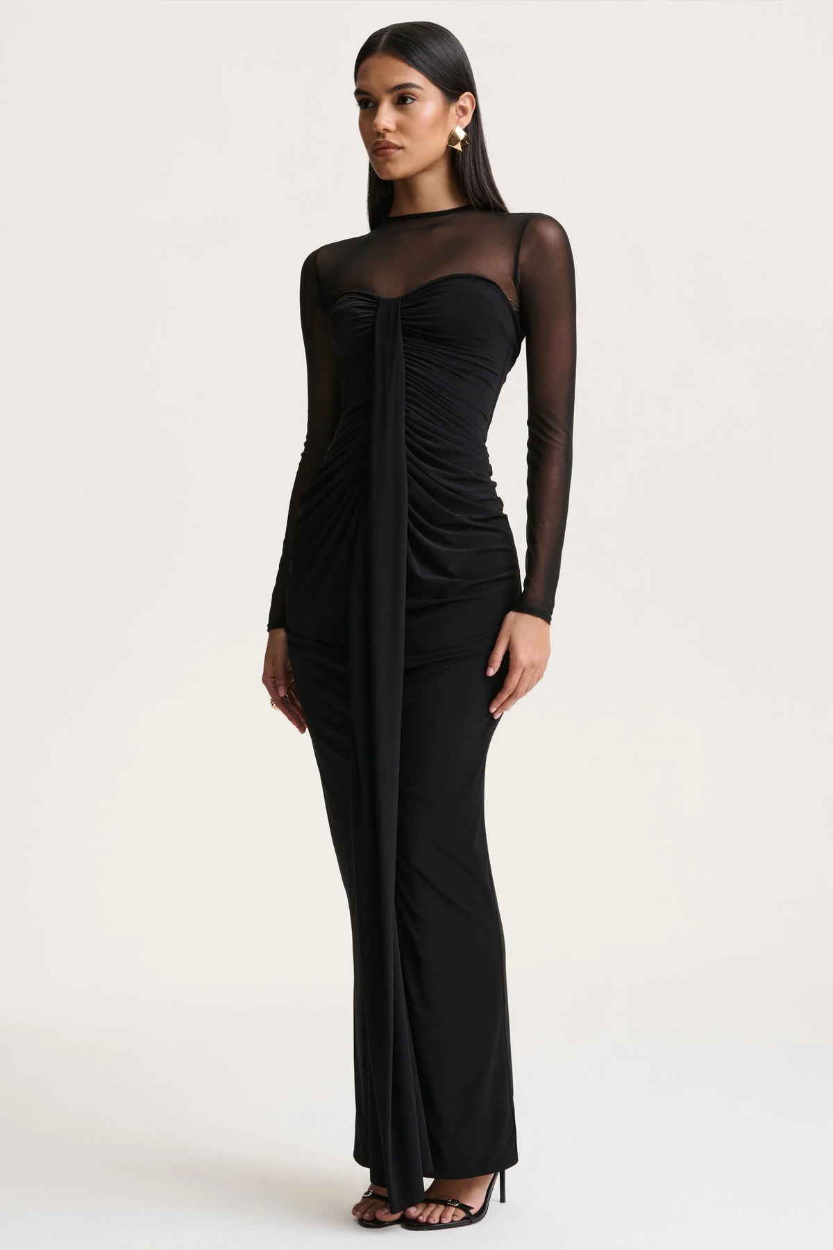 Cadenza Black Crew Neck Maxi Dress With Mesh And Gathered Detailing