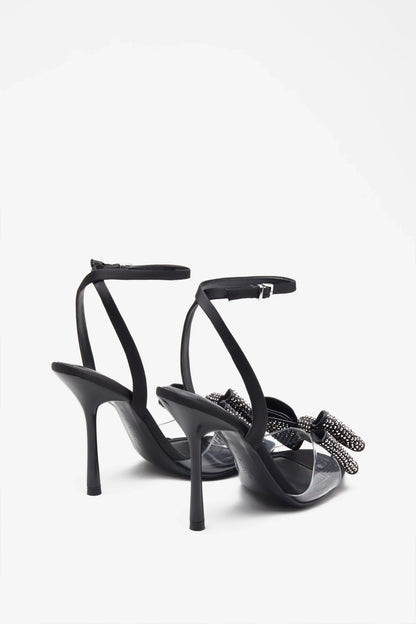 Bowing Black Satin Heeled Sandals With Diamante Bows