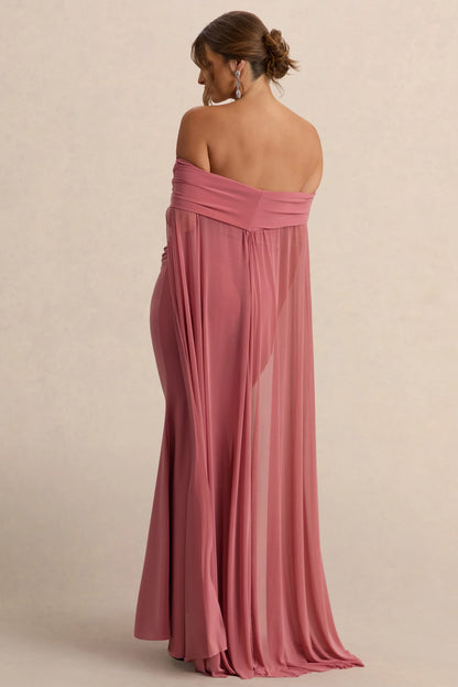Carlotta Blush Pink Bardot Maternity Maxi Dress With Chiffon Cape