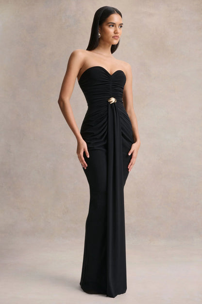 Beverly Black Bandeau Maxi Dress With Gathered Detailing