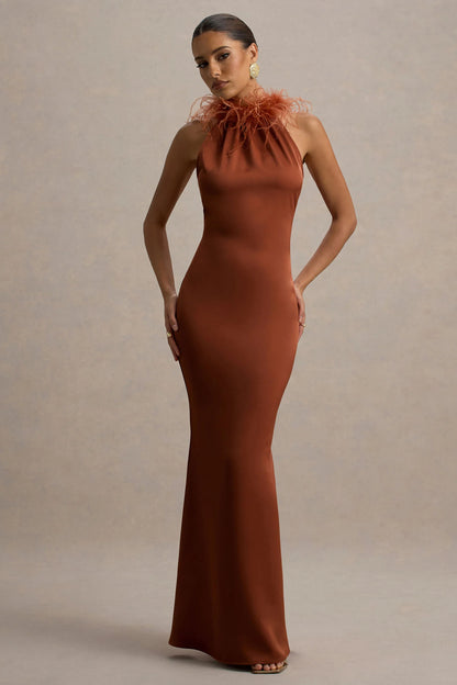 Bianca Rust Satin Feather Trim Maxi Dress
