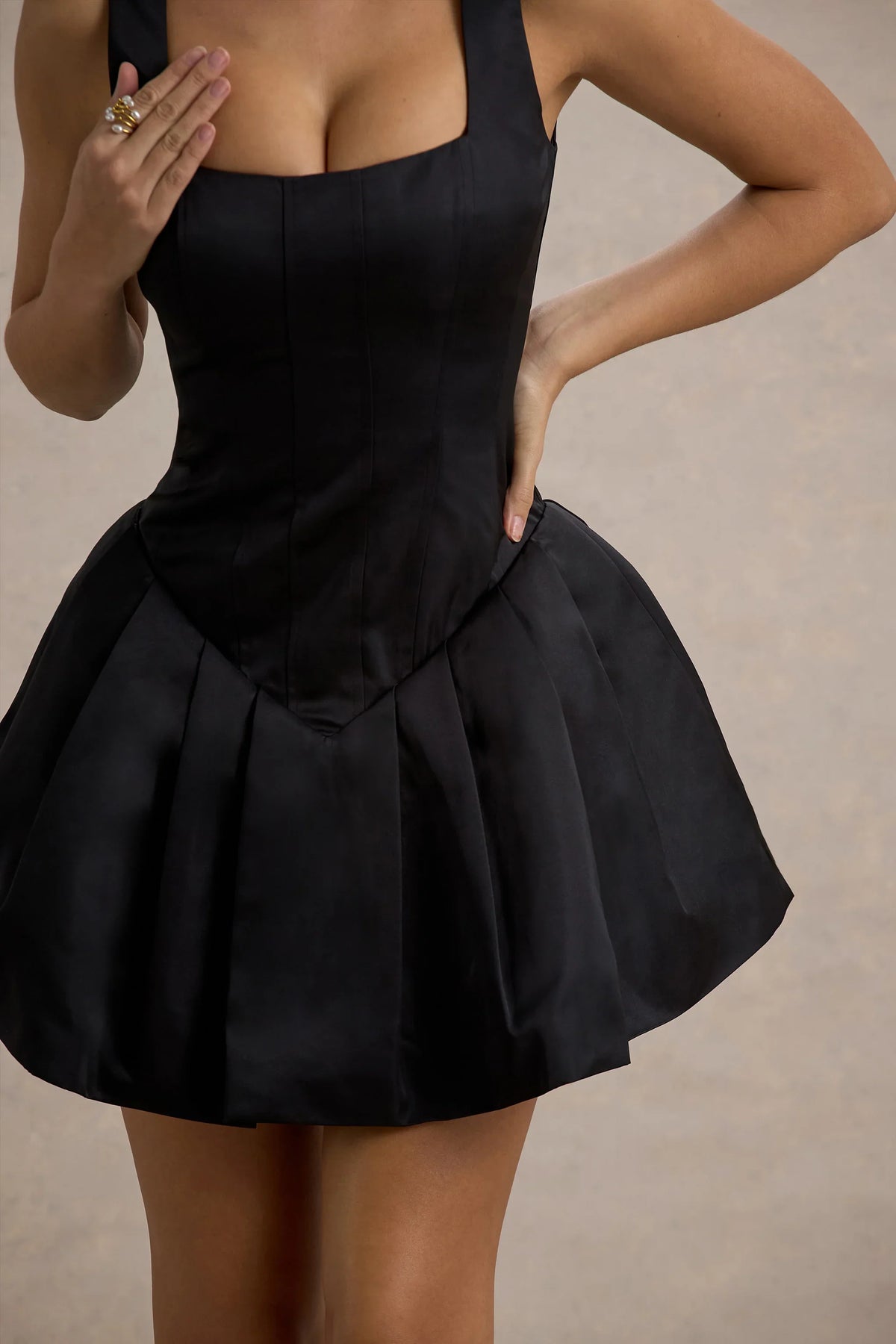 Bramble Black Satin Square Neck Puffball Mini Dress