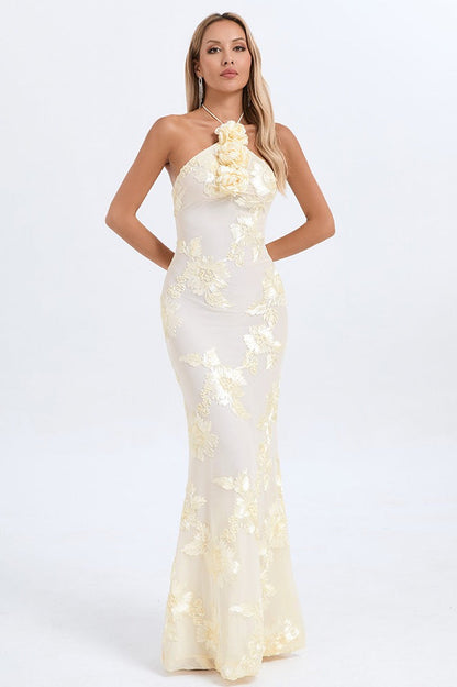 Halter Floral Foil Print Maxi Dress