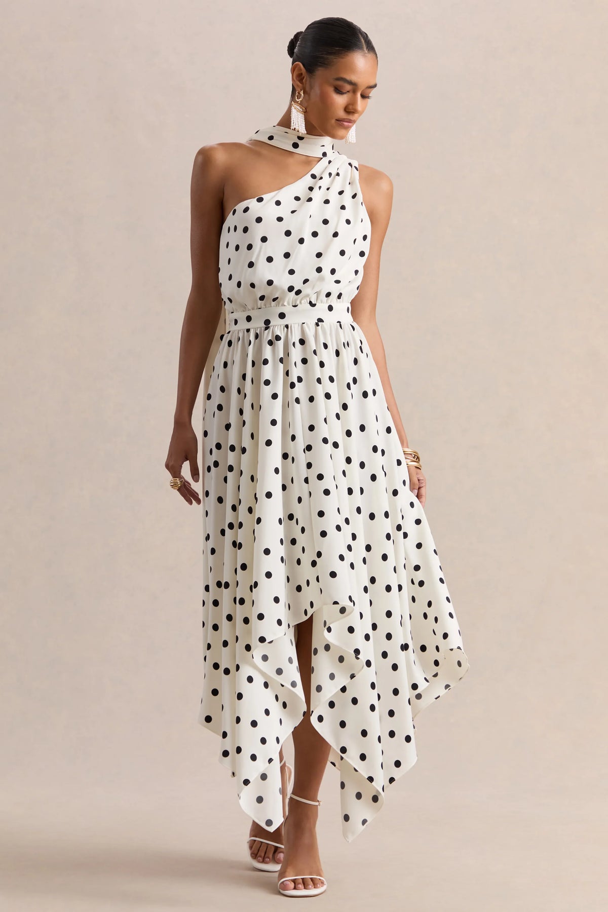Caluna White And Black Polka Dot Satin Asymmetric Neck Midi Dress With Scarf Detail